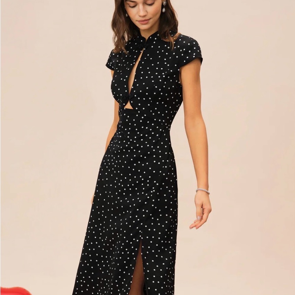 Polka Dot Cap-Sleeve Midi Dress - Black - Picture 2 of 6